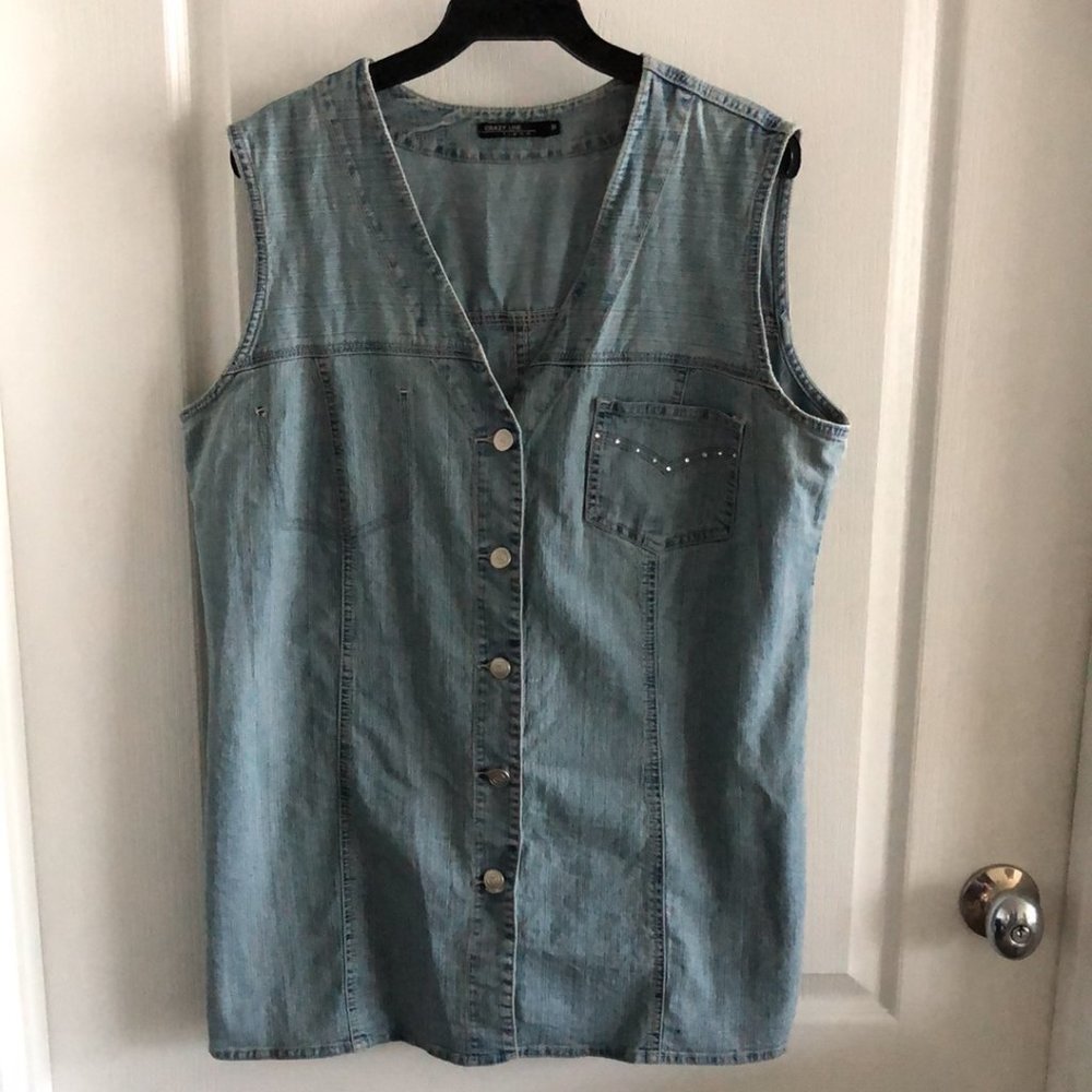 Crazy Line Jeans Vest Jacket Woman's Light Blue Wash Sz.M